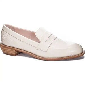42 Gold $150 Women's Leather Croc Embossed Penny Loafer Shoes Cream 9.5 NWOT